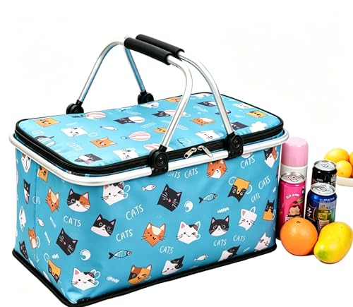 Upgrade Shopping Bag Picnic Basket 2 Layers of Internal Pockets Leak-Proof Insulated Cooler Bag Bag Collapsible Shopping Basket Folding Grocery Basket Bag for Picnic Travel(Blue Cat) - color: Blue Cat