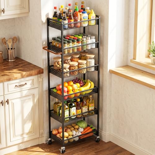 6 Tier Slim Storage Cart with Wheels, 10" D Rolling Storage Cart for Small Space, Metal Narrow Spice Cabinet Mobile Shelving Unit Organizer with Handle for Kitchen, Laundry - Black - color: Black, size: 10 Inches