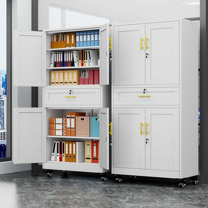 pozdeg 74" White Lockable Rolling Metal Garage Storage Cabinet - color: White