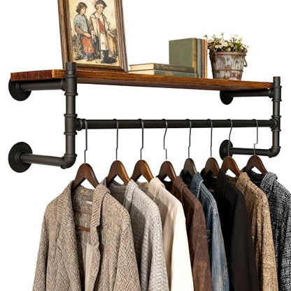 WEBI Wall Mounted Clothes Rack with Shelf,36" Industrial Pipe Clothing Rack with Shelf with Hanging Rod,Heavy Duty Iron Garment Rack Bar,Retail Display Clothes Rod for Laundry Room,Closet,Black - color: Black, size: 36 Inch
