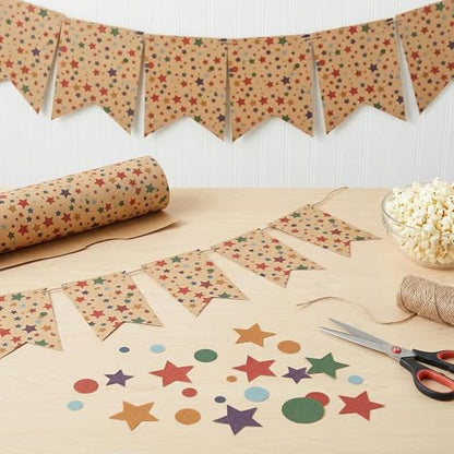 VOWOVOSDAY Happy Birthday Wrapping Paper,Gift Wrapping Paper Roll,Kraft Wrapping Paper-17 inch X 33 Feet Per roll,Colorful Stars Pattern For Boys Girls,Baby Shower(10Brown Star) - color: Kraft Star