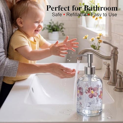 Topadorn 17oz Glass Soap Dispenser with Pump, Watercolor Floral - color: Purple Flower