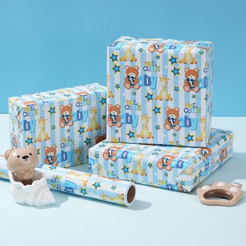 ZINTBIAL Baby Shower Wrapping Paper Roll - Blue Animal Heart Theme Newborn Gift Wrap Paper for Boy Baby Shower, Children's Christening, Birthday, New Mommy - 17.5 in x 16.5 ft，Cut Lines on Back - color: Baby Shower-Blue
