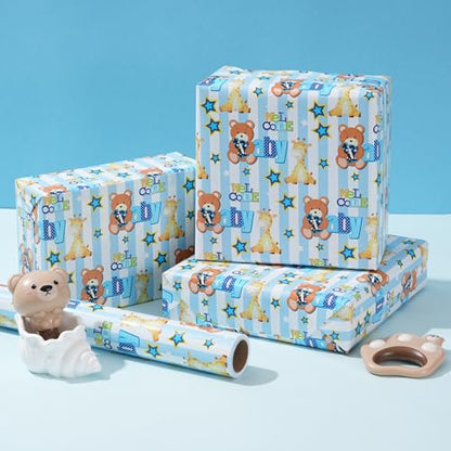 ZINTBIAL Baby Shower Wrapping Paper Roll - Blue Animal Heart Theme Newborn Gift Wrap Paper for Boy Baby Shower, Children's Christening, Birthday, New Mommy - 17.5 in x 16.5 ft，Cut Lines on Back - color: Baby Shower-Blue