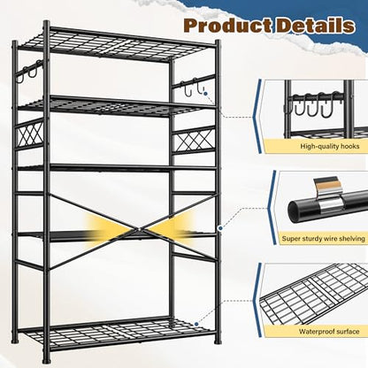 DurayLoly Heavy Duty 5-Tier 1000LBS Metal Shelving with 4 Side Hooks, Black - size: 36" W x 12" D x 72" H (5T)