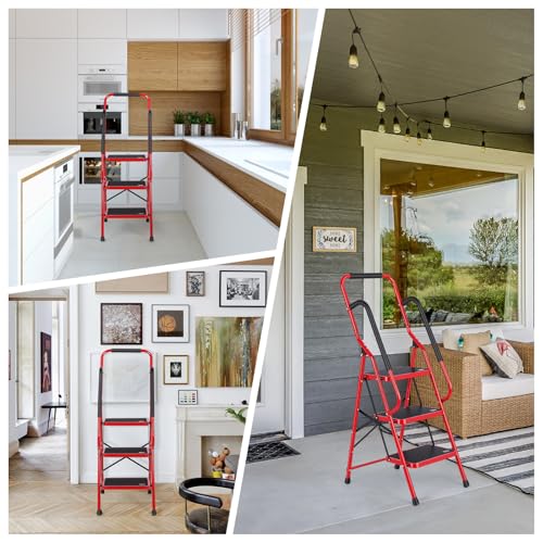 Step Ladder 3 Step Folding with Handrails, Folding Step Stool with Wide Anti-Slip Pedal, Sturdy Steel Portable Ladder, Lightweight Step Stool Foldable for Library Home Garage Office,Red - size: 3 Step