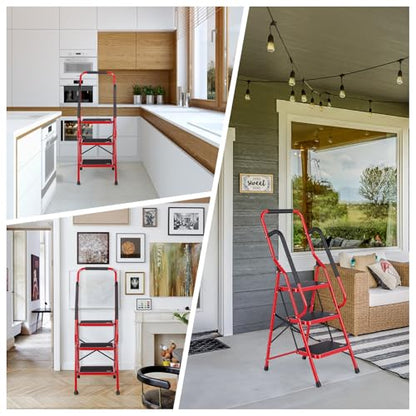 Step Ladder 3 Step Folding with Handrails, Folding Step Stool with Wide Anti-Slip Pedal, Sturdy Steel Portable Ladder, Lightweight Step Stool Foldable for Library Home Garage Office,Red - size: 3 Step