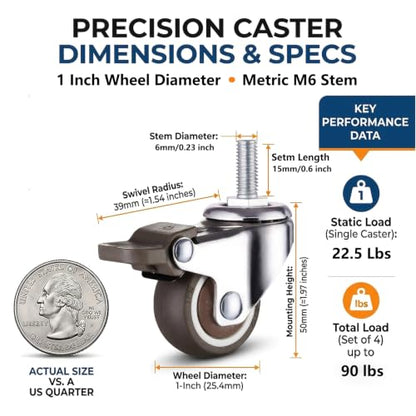 WANLIAN M6 Threaded Stem Casters Set of 4 Heavy Duty Swivel Caster Wheels with Brakes, TPE Rubber Small Screw Replacement Wheels for Furnitures, Rolling Carts, Standing Desks, Wire Shelving (1 Inch) - style: 1 Inch