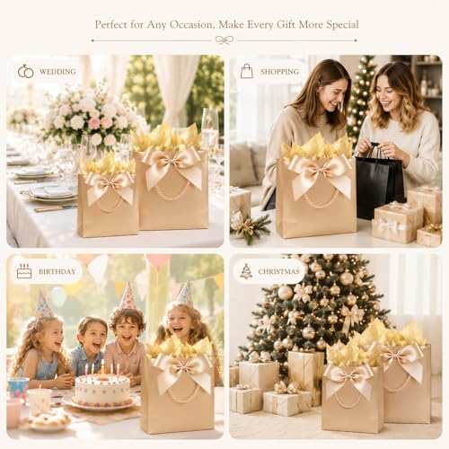 Offizon 12 PCS Champagne Gift Bags, Wedding Bag with Gold Tissue 7.5/11/12.6" - color: 3 Sizes-Champagne-12PCS