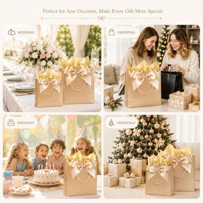 Offizon 12 PCS Champagne Gift Bags, Wedding Bag with Gold Tissue 7.5/11/12.6" - color: 3 Sizes-Champagne-12PCS