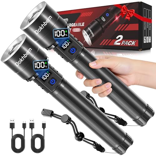 Rechargeable Flashlights 2 Pack, Super Bright LED Long Handle Flashlight with LCD Digital Display, 5 Modes & Zoomable Tactical FlashLights, Large Capacity Battery Powerful Flash Light for home - size: 2PACK