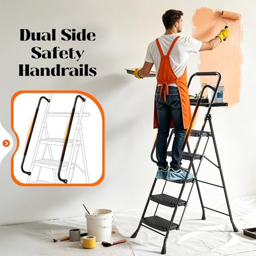 HBTower 5 Step Ladder, Folding Step Ladder with Handrails & Tool Tray