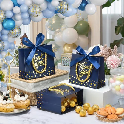 EQOREIIN 50Pcs Small Thank You Gift Bags with Handles & Bows, Blue/Gold - color: Blue, size: 50pcs