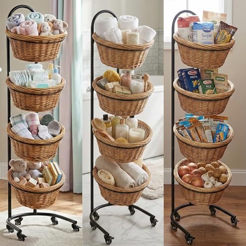 4 Tier Wicker Basket Display Stand for Retail with Wheels and Sign Clips