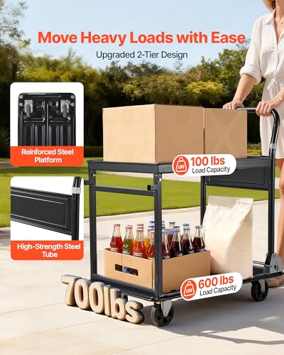 VEVOR Heavy Duty 2 Tier Platform Hand Truck, 700 lbs 2 Tier Push Tool Cart with High-Strength Steel, Utility Cart for Warehouse, Garage, Workshop, Office - size: 28.7 x 18.5 x 32.3 in/ 730 x 470 x 820 mm