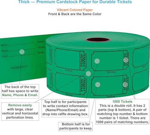 Tacticai 1000 Blank Raffle Tickets, 50/50 Double Roll, Green - color: B - Double Roll - 1,000 Tickets - Blank - Green