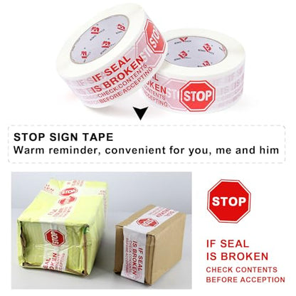 BOMEI PACK Stop Sign Sealing Tape,Pre-Printed IF Seal is Broken Check Contents Before Accepting Packing Tape with Dispenser 2 Inch x 110 Yards Heavy Duty Shipping Tape for Moving,Sealing
