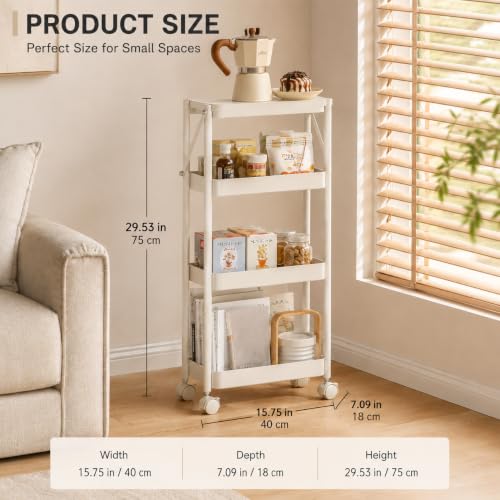 4 Tier Foldable Rolling Cart, Collapsible Storage Cart with Wheels - color: White, size: 3 Tier with Wooden Top