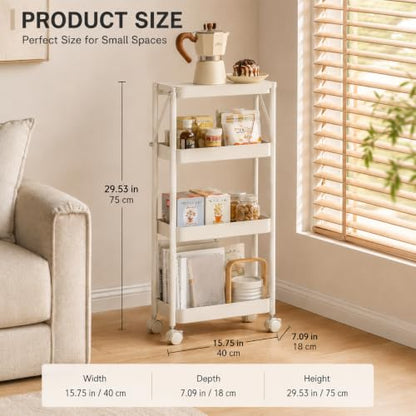4 Tier Foldable Rolling Cart, Collapsible Storage Cart with Wheels - color: White, size: 3 Tier with Wooden Top