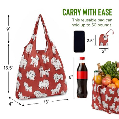 Stelle Lightweight Reusable Grocery Bag with Handles Ripstop Nylon Foldable Tote Shopping Bags for Travel and Groceries - color: Charlie Pals | Maroon