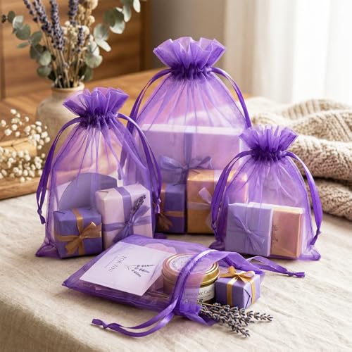 FUNFERY 100Pcs Purple Organza Bags 5x7 in,Small Mesh Drawstring Gift Bag - color: Dark Purple