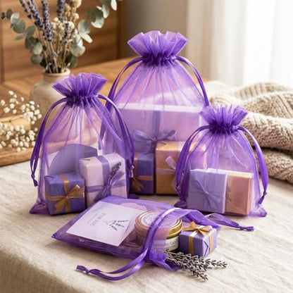 FUNFERY 100Pcs Purple Organza Bags 5x7 in,Small Mesh Drawstring Gift Bag - color: Dark Purple