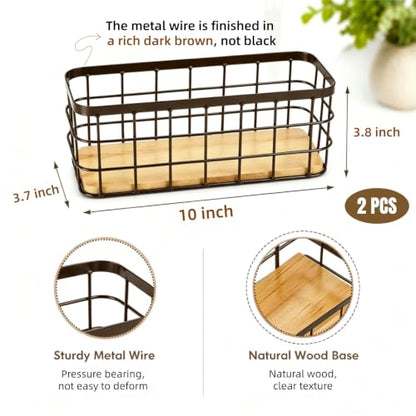 Dicunoy Set of 2 Small Wire Baskets, Narrow Rustic Storage Bin for Bathroom Counter, Farmhouse RectangleOrganizer Tray for Kitchen Countertop, Pantry, RV, School Classrooms, Office Decorative