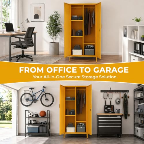 Metal Armoire Wardrobe Closet, 67" Tall Yellow Lockable Wardrobe Cabinet with 2 Doors, Hanging Rod and Adjustable Shelves, Steel Clothing Storage Cabinet for Bedroom, Home, Cloak Room, Gym, Office - color: Mustard, style: Wardrobe-67"H-JS