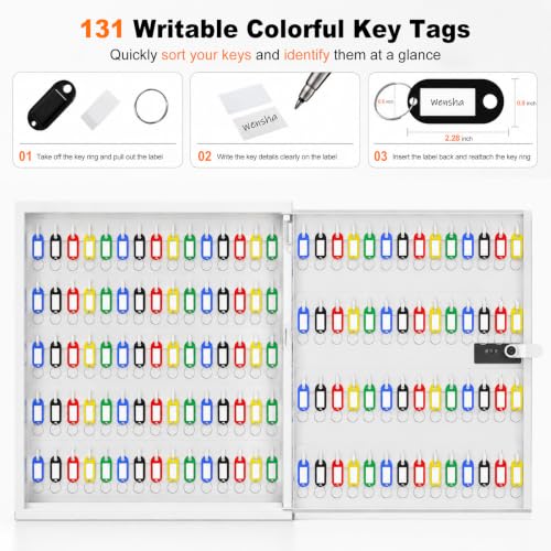 Lock Key Cabinet with Storage: 131-Keys Steel Wall Mount Key Cabinet Organizer - Large Storage and Secure Combination Lock Box for Office Home Business White