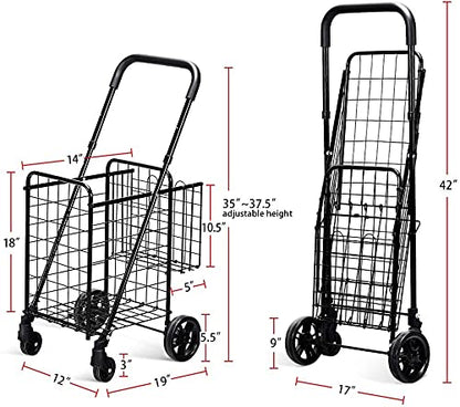 Happygrill Foldable Shopping Cart, Grocery Cart on Wheels with Double Basket, Swivel Wheels and Adjustable Handle, Utility Cart or Grocery Laundry Luggage Travel