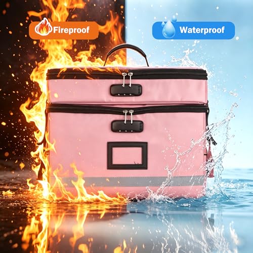 EXLIFBAG Fireproof File Organizer with Lock, 2 Layer - color: Pink, size: 2 Layer