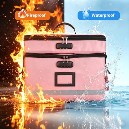 EXLIFBAG Fireproof File Organizer with Lock, 2 Layer - color: Pink, size: 2 Layer