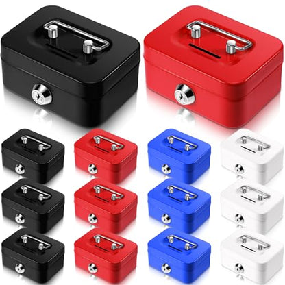 Tandefio 12 Pcs Small Money Cash Box with Lock and Slot Metal Box for Cash Steel Organizer Piggy Bank Metal Coin Bank for Adults, 4.5 x 3.3 x 2 Inch, Without Money Tray (Black,Blue,Red,White) - color: Black, Blue, Red, White