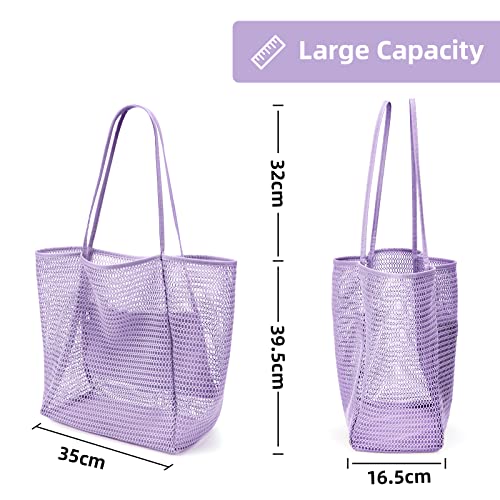 KALIDI Beach Mesh Tote Bag, Casual MAX 23L Summer Foldable Hobo Bag Women - color: Violet