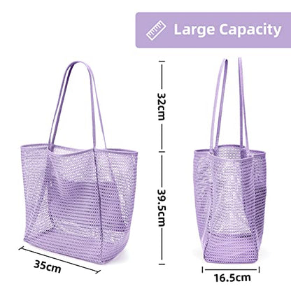 KALIDI Beach Mesh Tote Bag, Casual MAX 23L Summer Foldable Hobo Bag Women - color: Violet