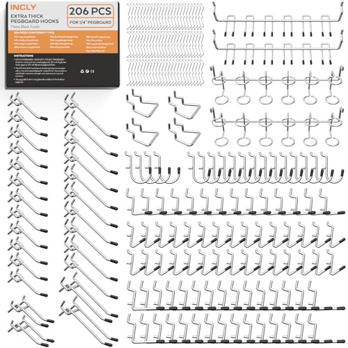 INCLY 206PCS Heavy Duty 1/4" Pegboard Hooks Set for Hanging Tools - size: 1/4 Inch