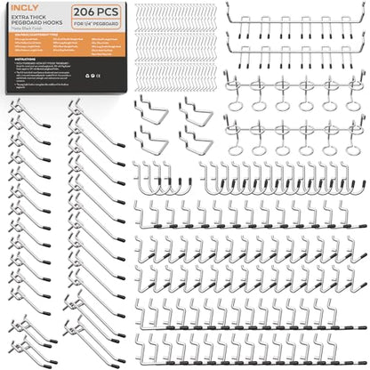INCLY 206PCS Heavy Duty 1/4" Pegboard Hooks Set for Hanging Tools - size: 1/4 Inch
