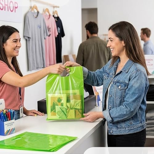 100 Lime Green Plastic Bags With Handles 12x15 Merchandise Bags - color: Lime Green