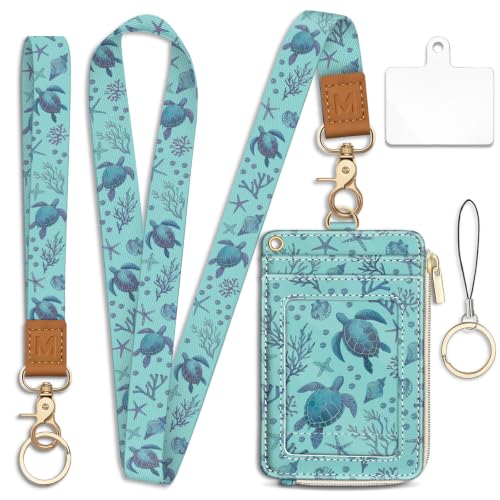Piefly Sea Turtle Lanyard Wallet with ID Badge Holder, Small RFID Keychain - color: Blue Sea Turtle