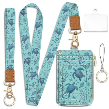 Piefly Sea Turtle Lanyard Wallet with ID Badge Holder, Small RFID Keychain - color: Blue Sea Turtle