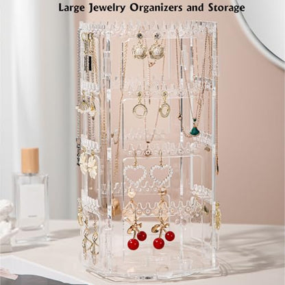 360° Rotating Jewellery Stand Organiser, Clear Display Earring Holder, 4 Tiers Jewellery Stand Necklace Stand Jewelry Dangle Earring Necklace Bracelet Display Rack Stand for Storage