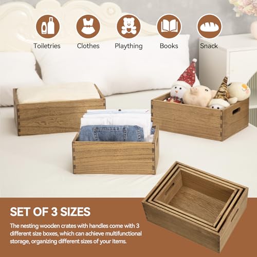 KIRIGEN Nesting Wood Crates with Handles, Set of 3 Storage Boxes Brown - color: Dark Brown