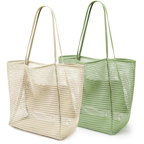 KALIDI Beach Mesh Tote Bag, Casual MAX 23L Summer Foldable Hobo Bag Women - color: Grass Beige