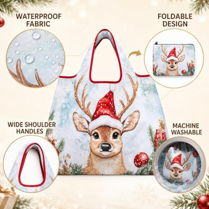 Foldable Grocery Tote Bag, Sunflower Print Shoulder Bag for Errands Travel - color: A3-christmas Reindeer