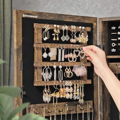 SONGMICS Lockable Jewelry Cabinet Armoire with Mirror, Wall-Mounted - color: Rustic Brown, style: Essential Capacity