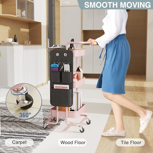 DTK 3-Tier Rolling Cart with Table Top, Metal Utility Cart with Side Bags - color: Pink, size: Large