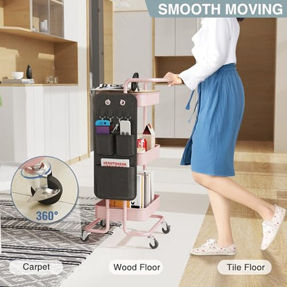 DTK 3-Tier Rolling Cart with Table Top, Metal Utility Cart with Side Bags - color: Pink, size: Large
