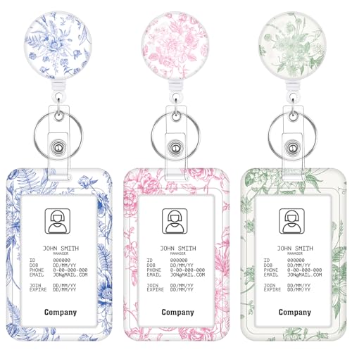 3 Pack Floral Retractable Id Badge Holders with Clip, Badge Reel - color: Elegant Floral