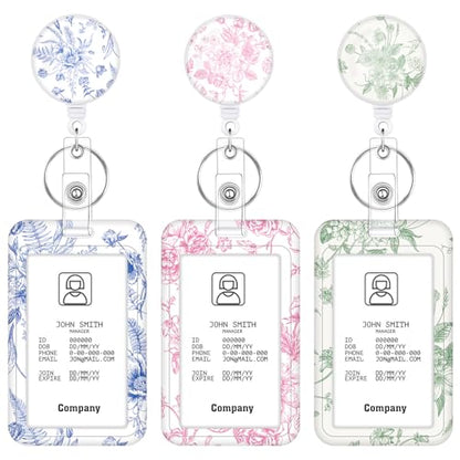3 Pack Floral Retractable Id Badge Holders with Clip, Badge Reel - color: Elegant Floral