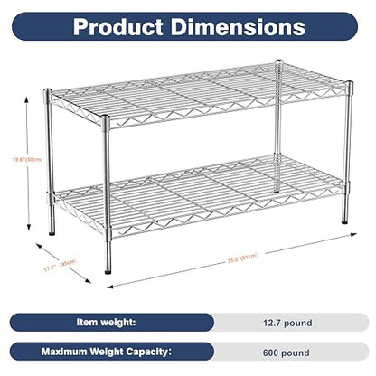 2-Tier Heavy Duty Metal Shelving Unit,Wire Shelf Rack with Lockable Wheels - size: 2-Tier,36"x18"x19.5"(WxDxH）